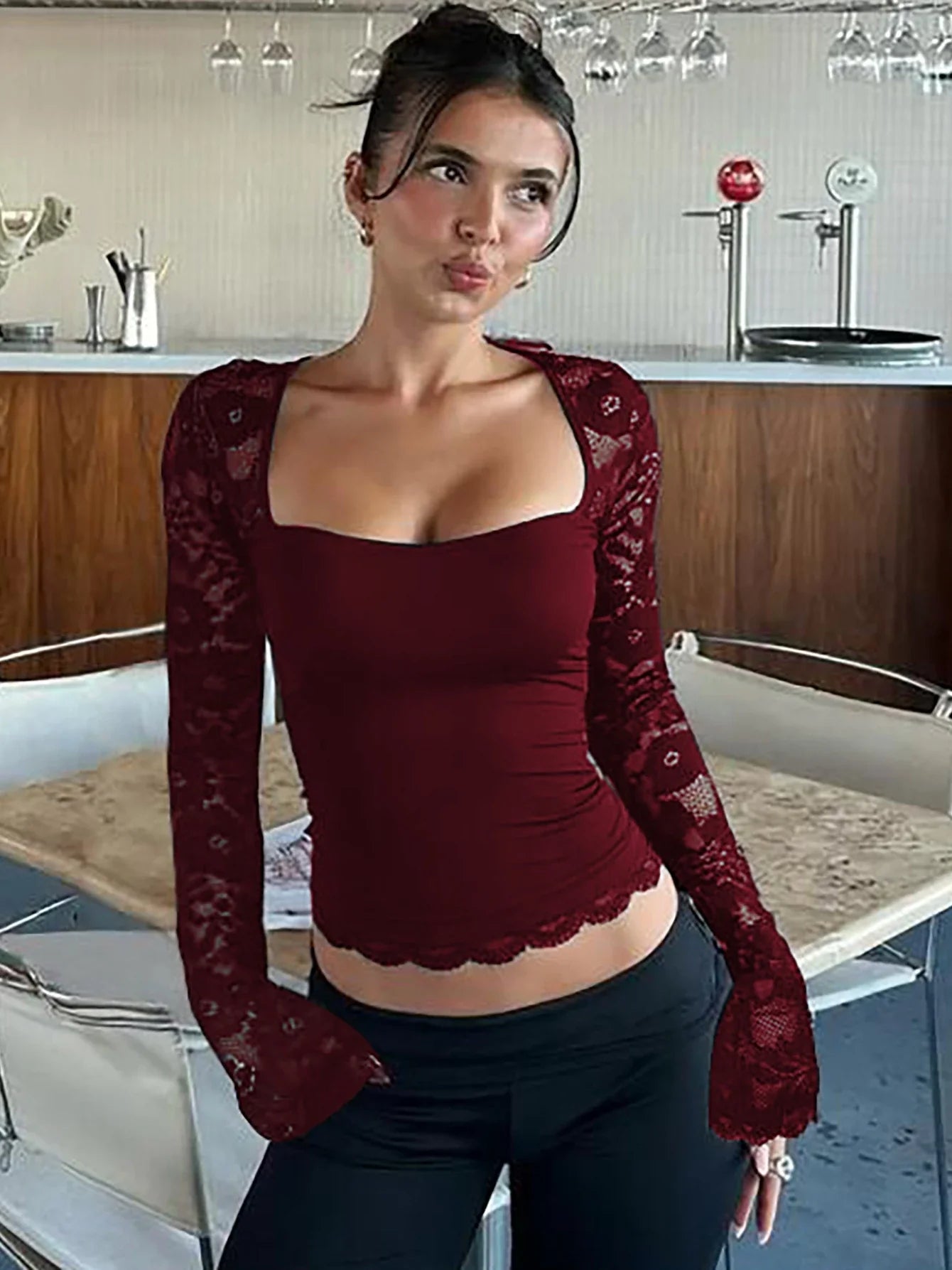 Square Collar Lace Patchwork Crop Top | Sheer Long Sleeve Party T-Shirt