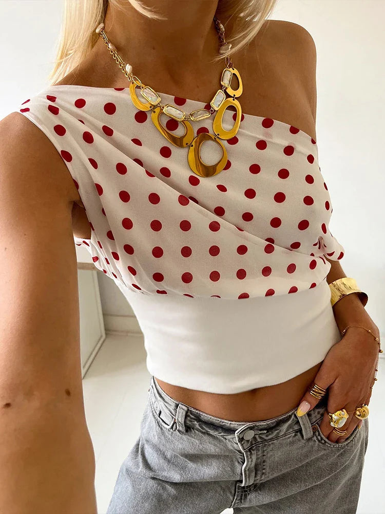 Women's Polka Dot Skew Collar Off-Shoulder Backless Ruched Crop Top