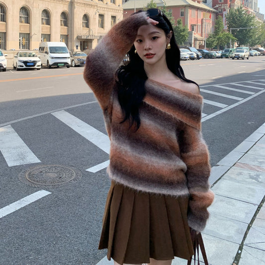 One-word shoulder striped plush soft waxy skin-friendly alpaca sweater women