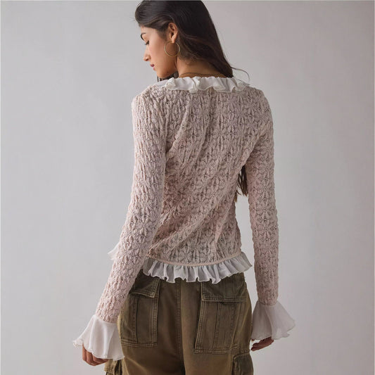 Sexy INS style cardigan ruffle edge flared sleeve waist slim top