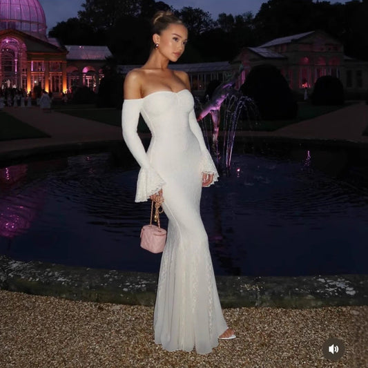 Stylish sexy flared sleeve tube top one-word shoulder dress mesh lace fishtail dress