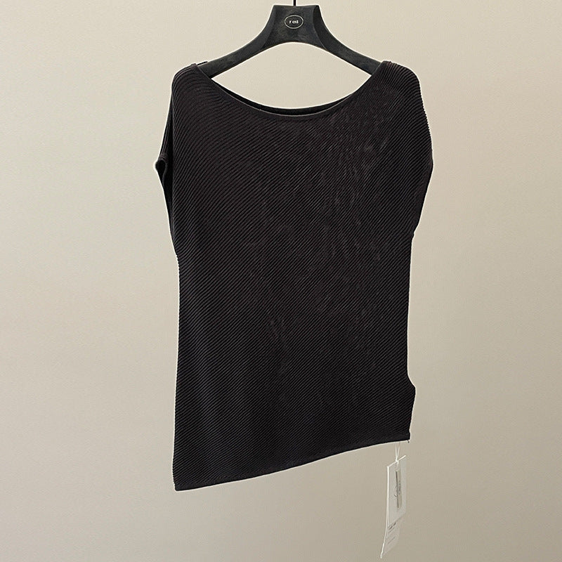 Textured slanted shoulder knitted sweater summer lazy style Lyocell ice silk short-sleeved top