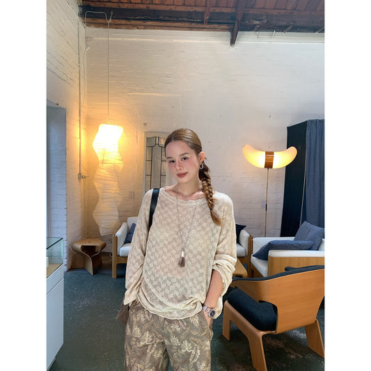 Spring Korean Tencel hemp shoulder-down knitted sweater loose temperament versatile hollow