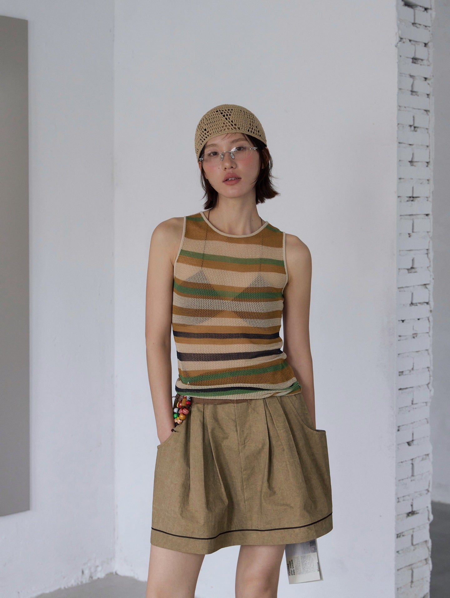 Tencel linen hollow striped knitted sweater vest retro contrasting niche top