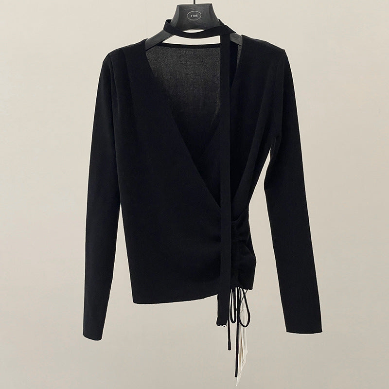 Drawstring design sense temperament Lyocell chest wrap slim streamer V-neck knitted sweater spring