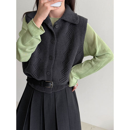 韩系翻领针织马甲女春季新款镂空钩花无袖坎肩背心