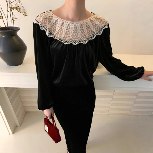 Velvet Shirt Lace Hollow Crew Neck Long Sleeve Sweater Women