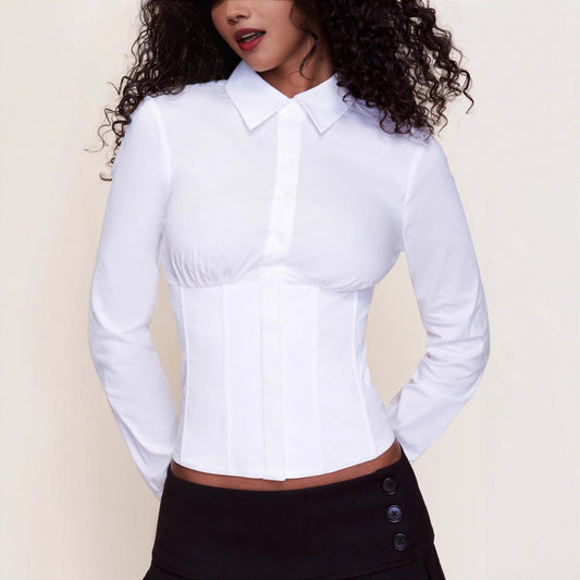Slim tunic herringbone corset lace-up shirt