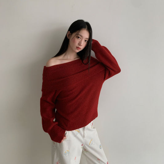 Lazy Korean fashion one-word shoulder long-sleeved pullover sweater