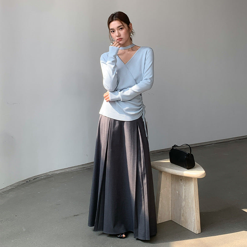 Drawstring design sense temperament Lyocell chest wrap slim streamer V-neck knitted sweater spring