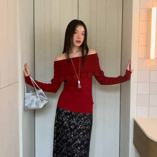 Gentle and sweet one-word collar three-dimensional flower decorative sweater for women