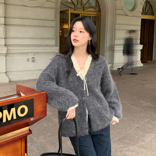 Fashion commuter lazy loose soft waxy v-neck sweater cardigan