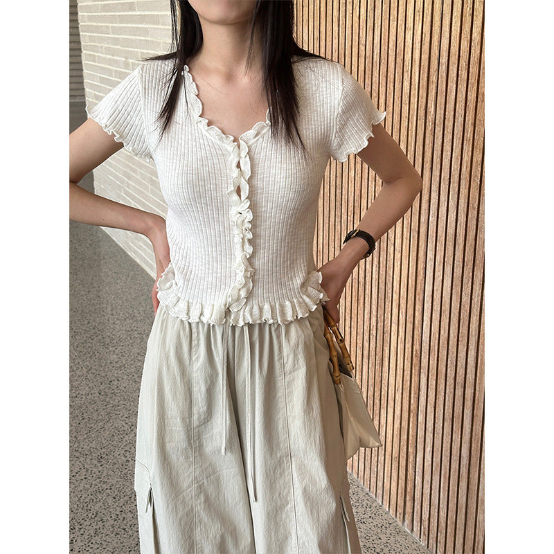 French V-neck pit strip fungus edge short-sleeved pit strip knitted sweater new top