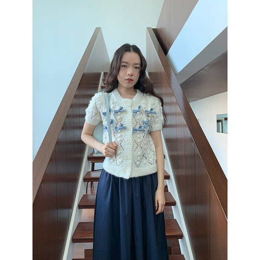 Cute sweet bow hollow short-sleeved knitted sweater