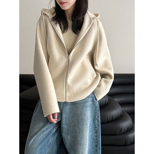 Silhouette autumn and winter knitted hooded wool woolen coat women's new short sweater double-sided woolen coat
