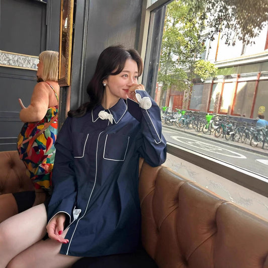 Spring and summer top simple retro fashionable flower contrasting lapel shirt