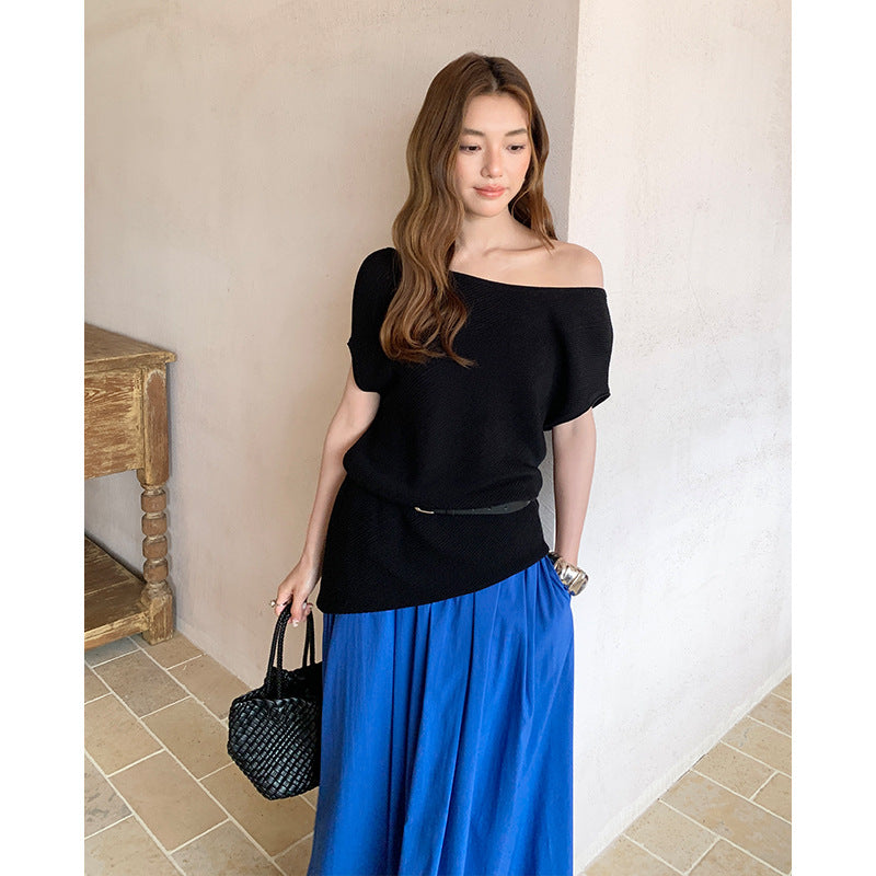 Textured slanted shoulder knitted sweater summer lazy style Lyocell ice silk short-sleeved top