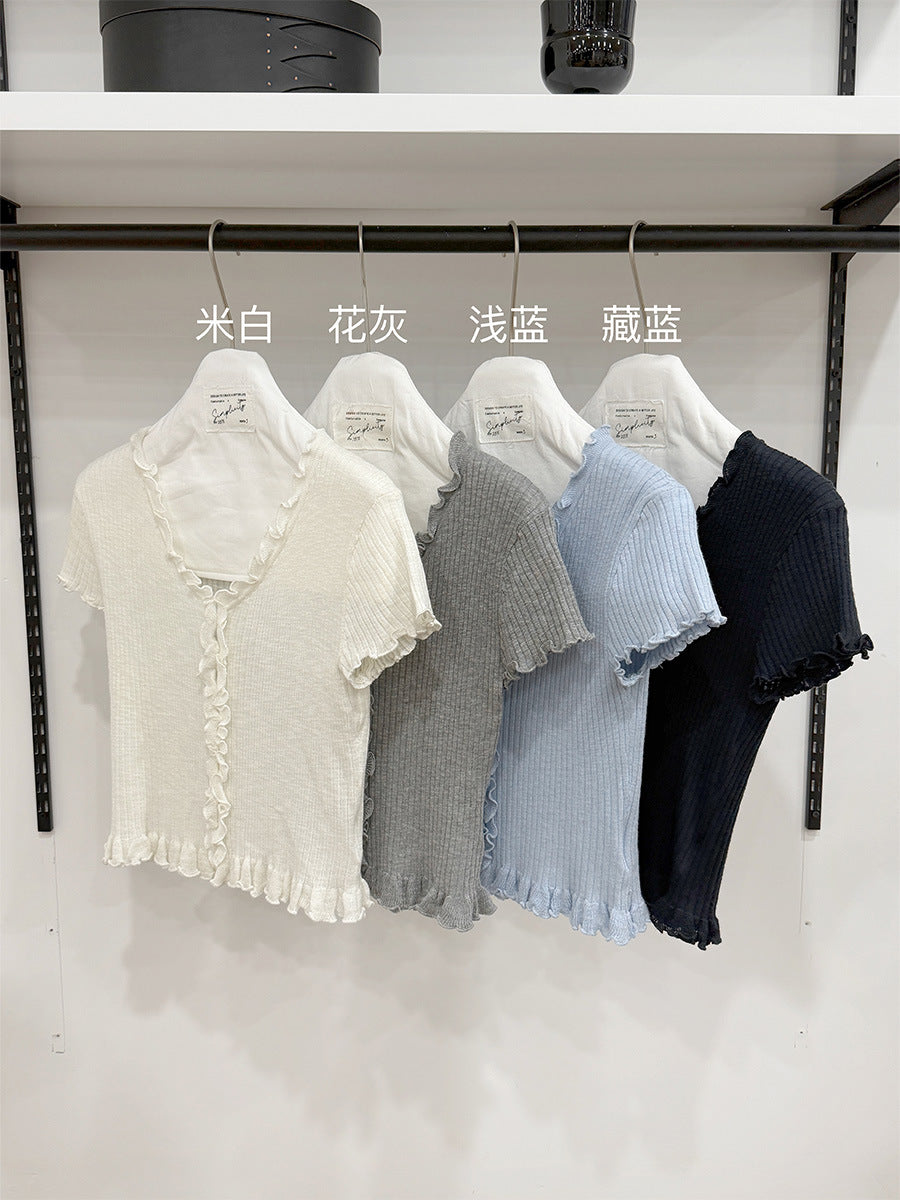 French V-neck pit strip fungus edge short-sleeved pit strip knitted sweater new top