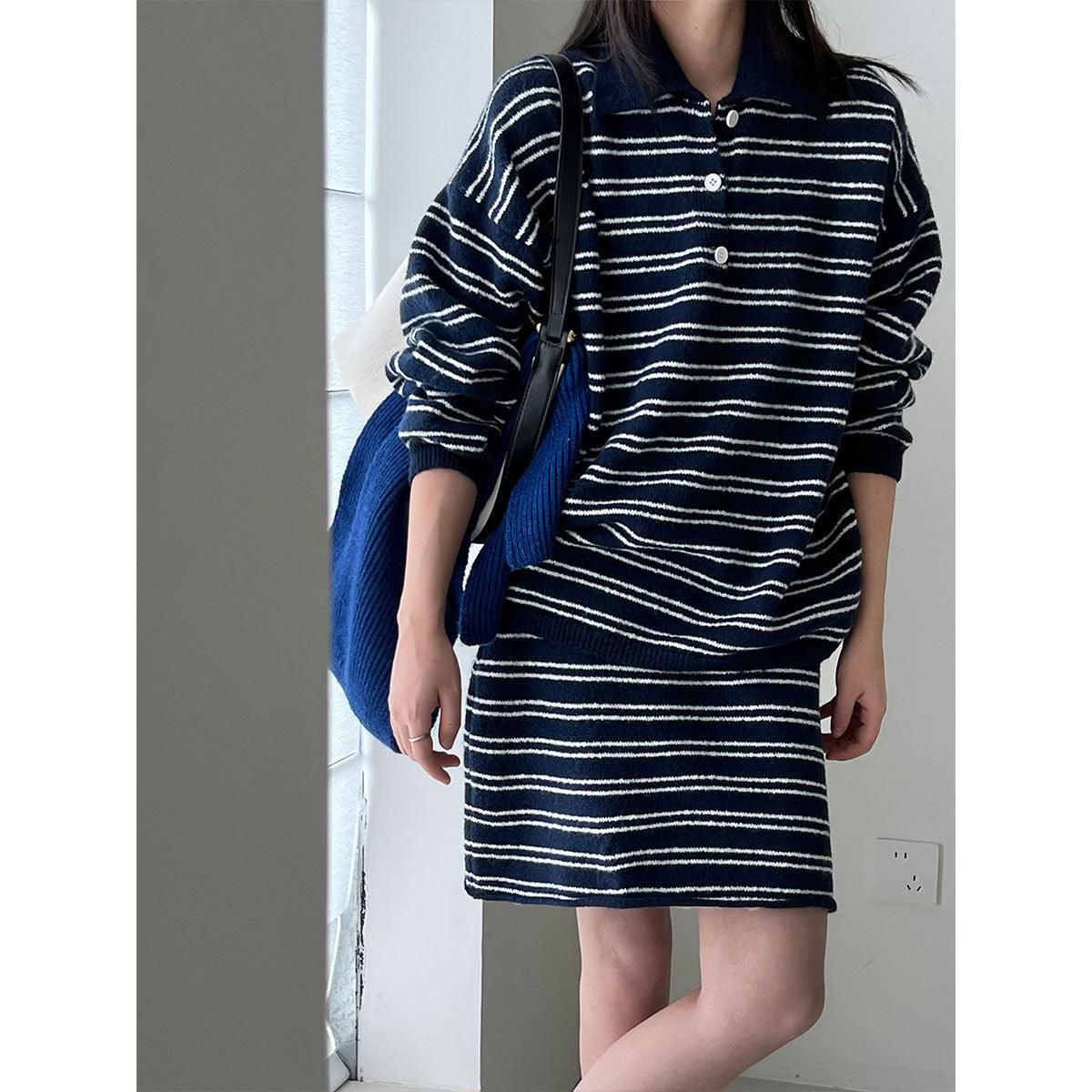 Korean lapel striped knitted sweater + skirt set autumn and winter loose lazy sweater