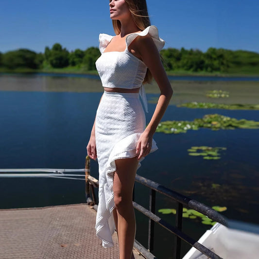 Special for jacquard flying sleeves short tops, irregular ruffle edge high waist skirt set