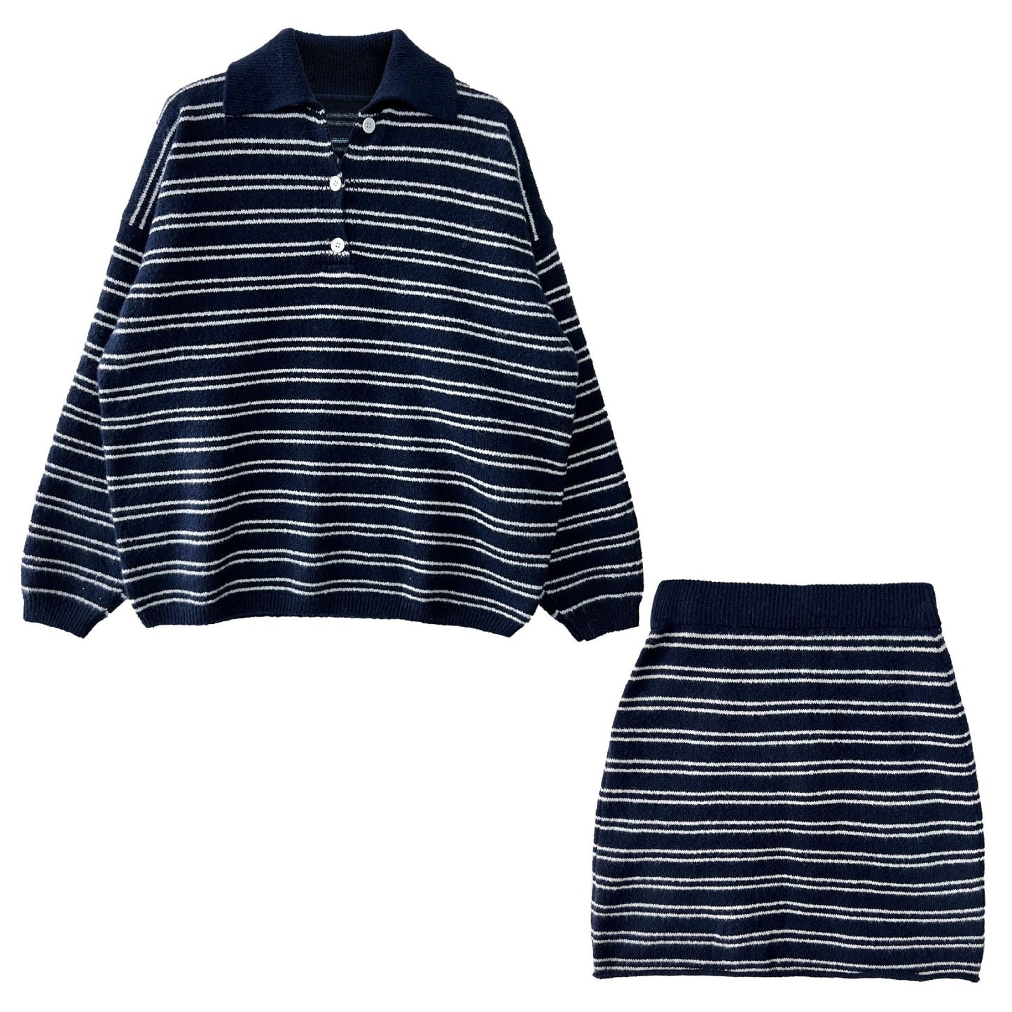 Korean lapel striped knitted sweater + skirt set autumn and winter loose lazy sweater