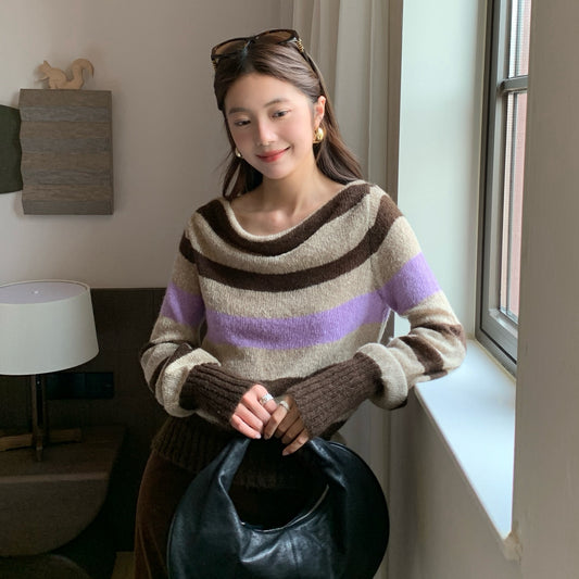 Retro striped color matching swing neck atmosphere soft waxy skin-friendly sweater