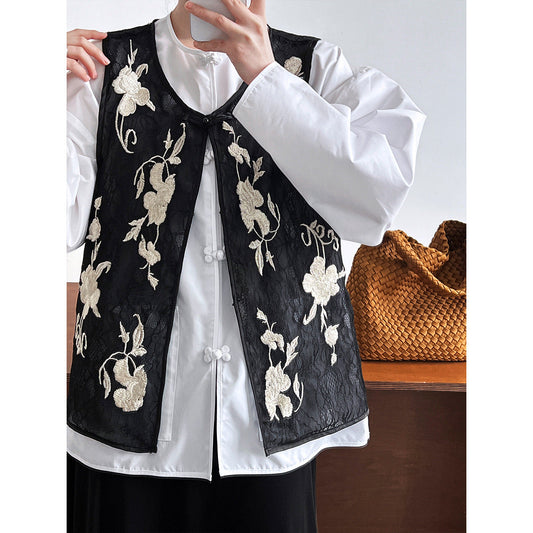 Advanced sense~ 2025 summer new national style new Chinese style hidden button flower embroidered vest cardigan