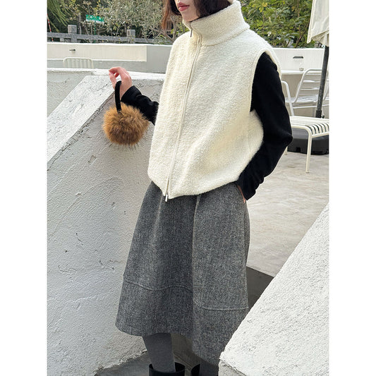 Korean wool stand-up collar stacked with loop wool vest jacket women's winter warm knitted sweater ss943