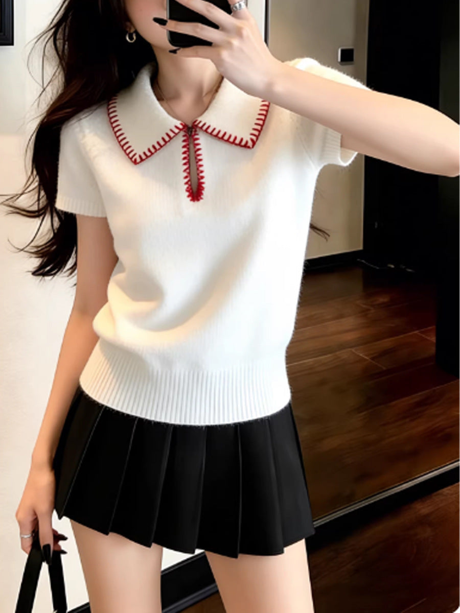 White polo shirt lapel neck knitted sweater short sleeve T-shirt