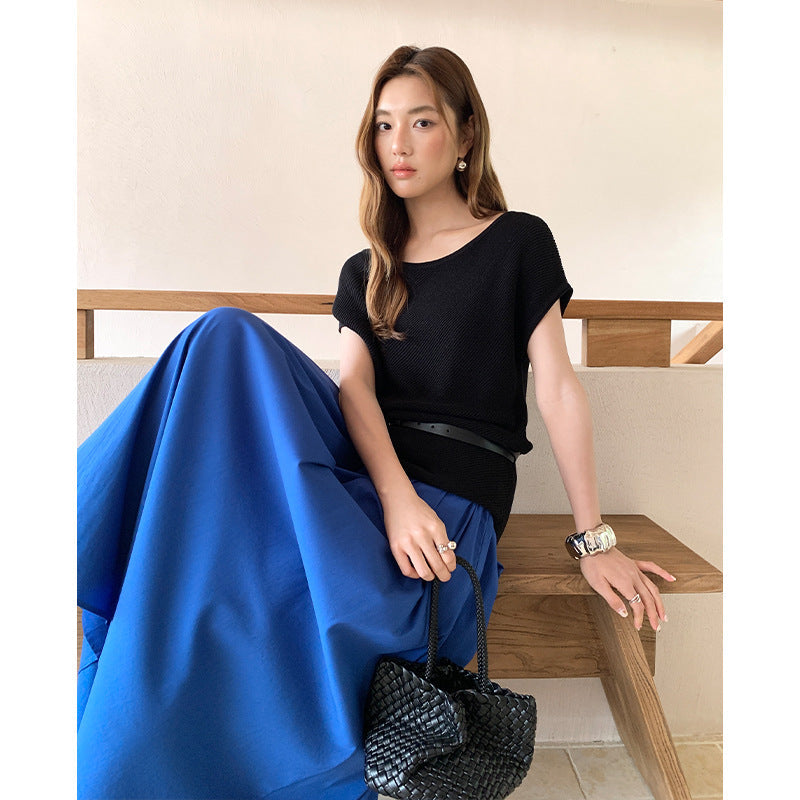 Textured slanted shoulder knitted sweater summer lazy style Lyocell ice silk short-sleeved top