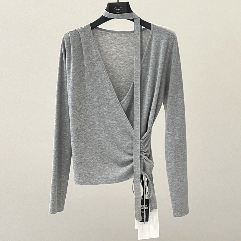 Drawstring design sense temperament Lyocell chest wrap slim streamer V-neck knitted sweater spring