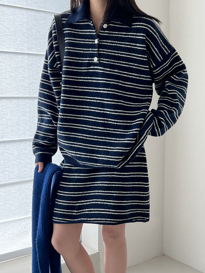 Korean lapel striped knitted sweater + skirt set autumn and winter loose lazy sweater