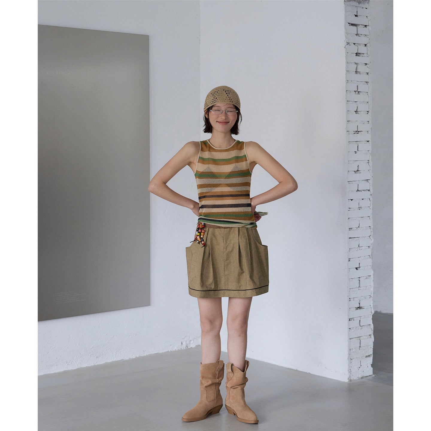 Tencel linen hollow striped knitted sweater vest retro contrasting niche top