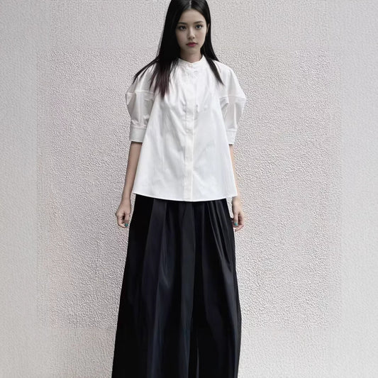 Bubble Sleeves Loose Commuter Crew Neck Five-Sleeve Cotton Top