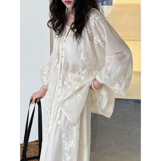 Embroidered shirt skirt set women's summer new heavy industry sunscreen two-piece set