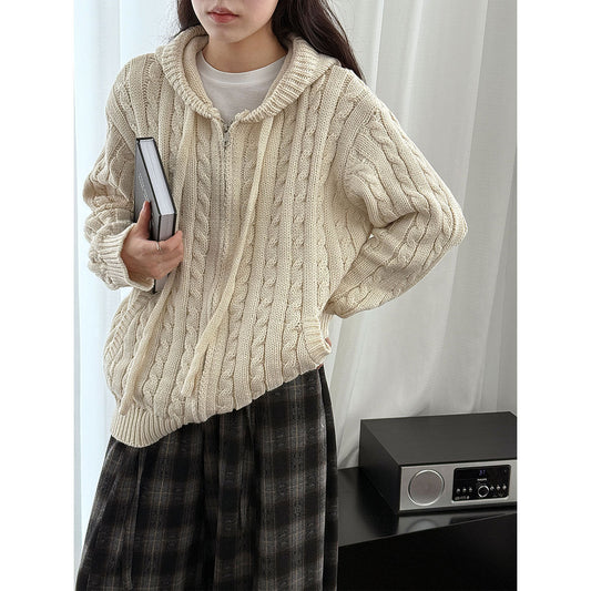 American retro cable knit hooded double zipper sweater cardigan for women - thick chunky knit fall/winter outerwear