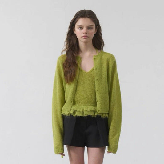 Lotus leaf edge solid color skin-friendly knitted cardigan suspender vest two-piece set