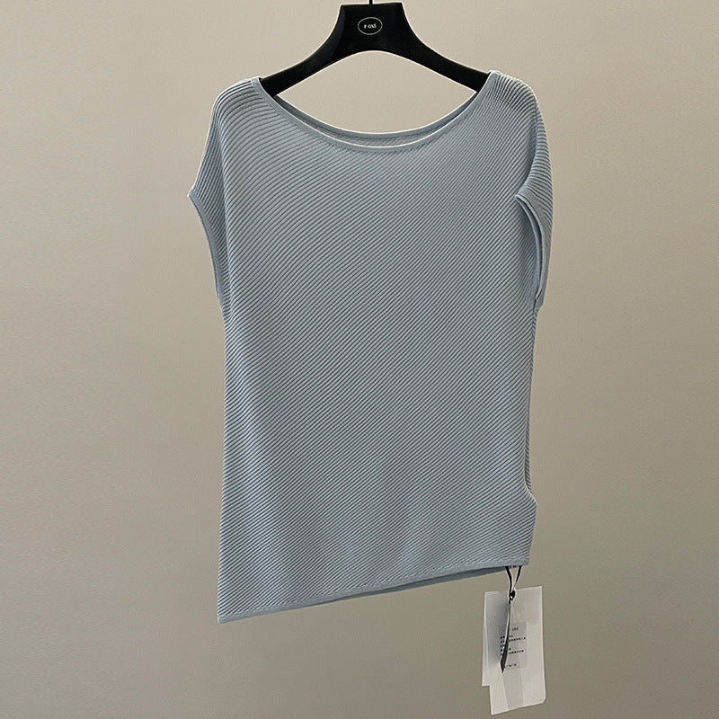 Textured slanted shoulder knitted sweater summer lazy style Lyocell ice silk short-sleeved top