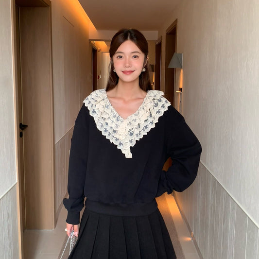 Sweet age-reducing pullover lace ruffle sweater woman