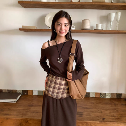 Slant neck off-the-shoulder top skirt set