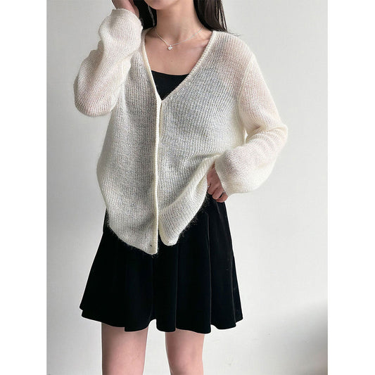Korean gentle lazy wind wool cardigan women's 26 spring V-neck mohair knitted sweater jacket