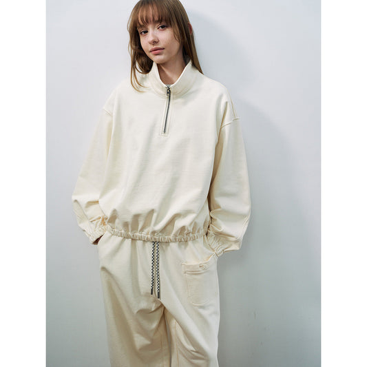 Spring new casual pure cotton stand-up collar easy versatile curved sleeve half zipper sweater