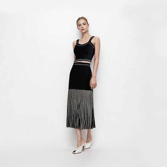 Sleeveless Two-Piece Set Women Hollow Beaded Vest Top Skirt Suit