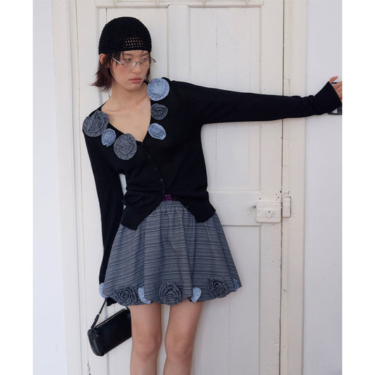 Three-dimensional rose linen cardigan V-neck knitted sweater top women [not machine washable]