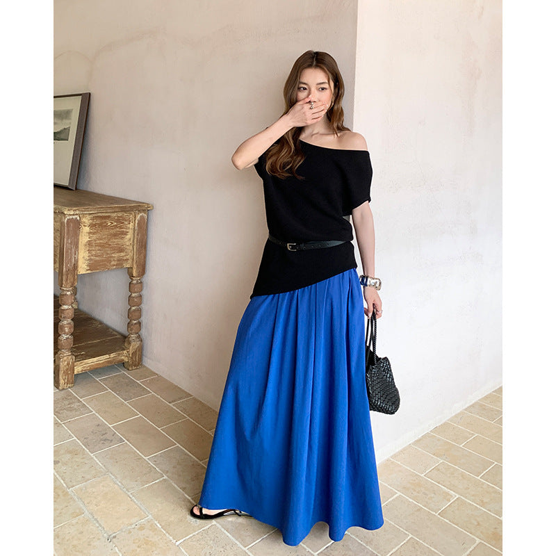 Textured slanted shoulder knitted sweater summer lazy style Lyocell ice silk short-sleeved top