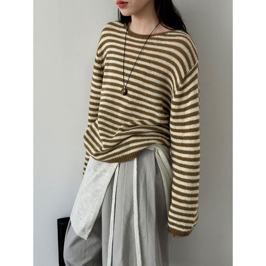 Casual wool retro striped lazy soft waxy knitted sweater women's spring new long-sleeved top
