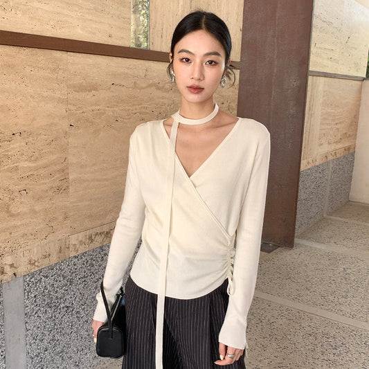Drawstring design sense temperament Lyocell chest wrap slim streamer V-neck knitted sweater spring