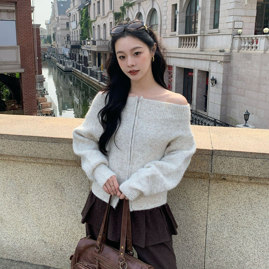 Zipper knitted cardigan one-word shoulder sweater