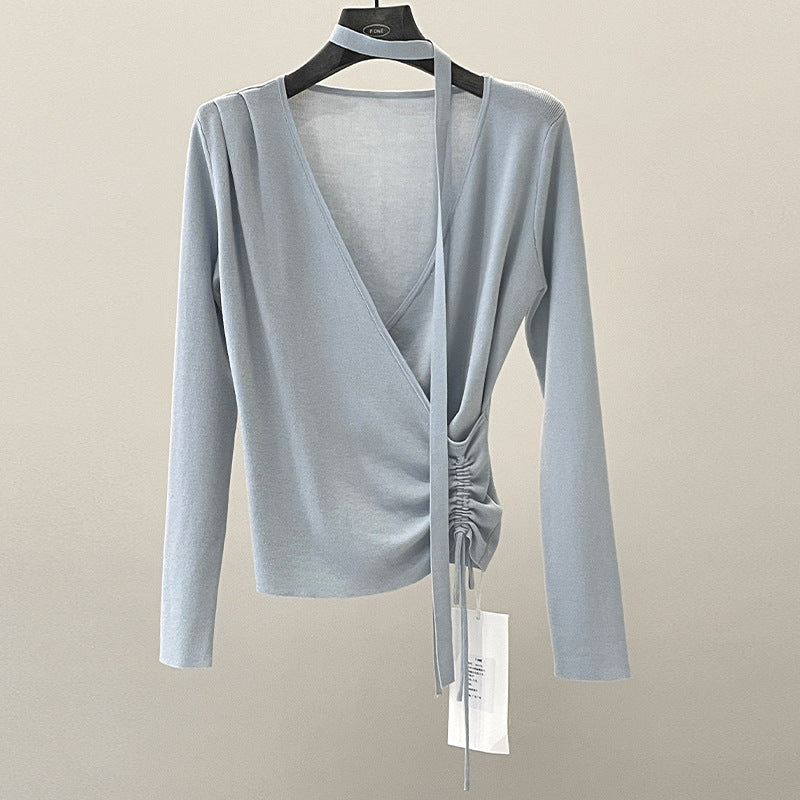 Drawstring design sense temperament Lyocell chest wrap slim streamer V-neck knitted sweater spring