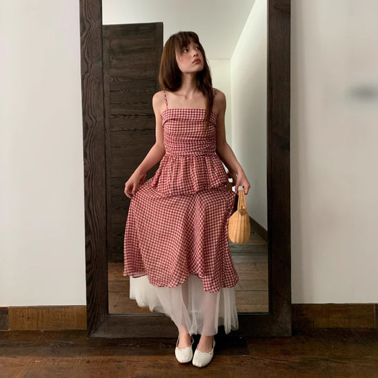 Dark red grid small fashion suit female sweet girl two-piece set